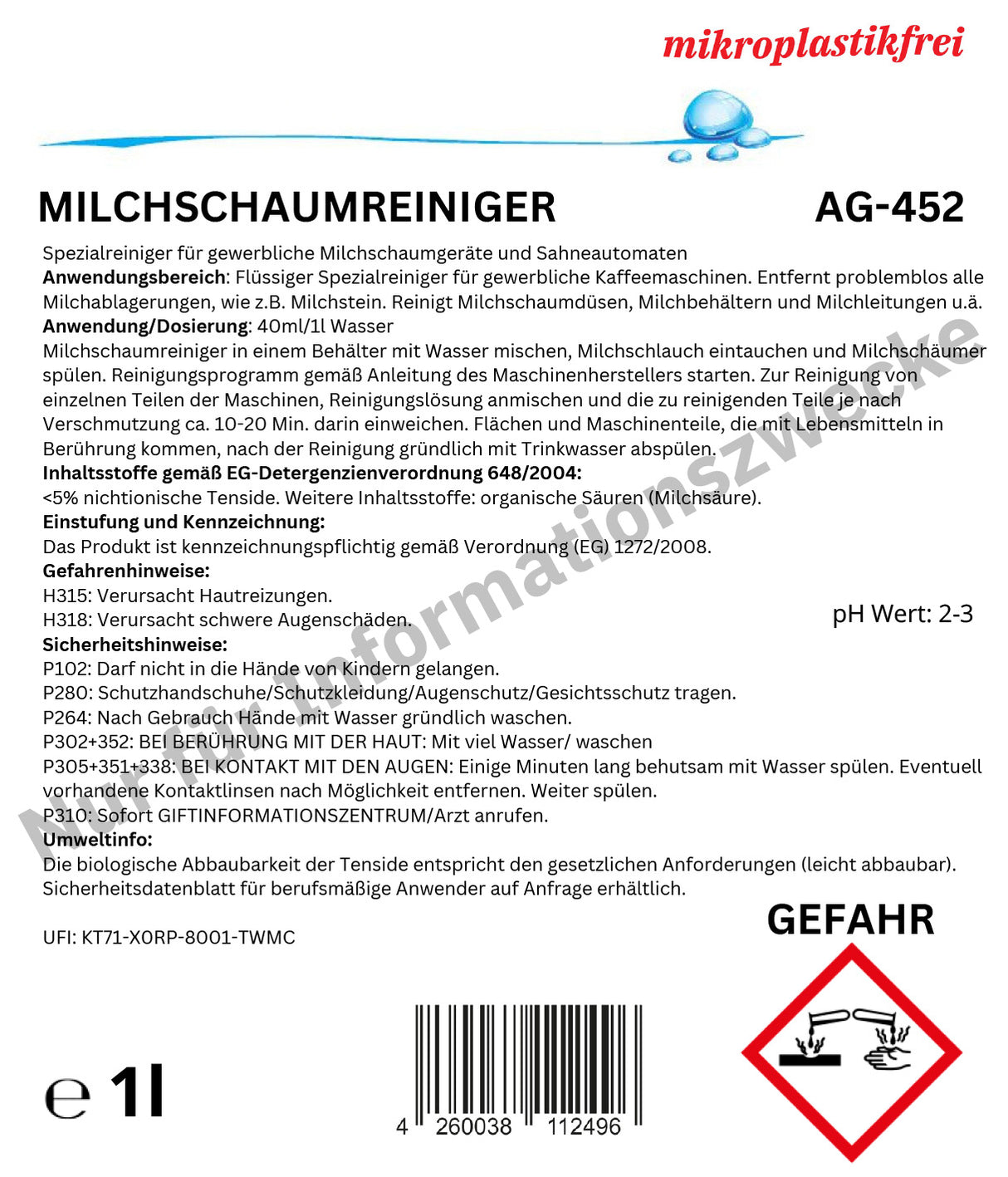 Milchschaumreiniger für Milchschaumgeräte, 1 Liter, pH-Wert <1