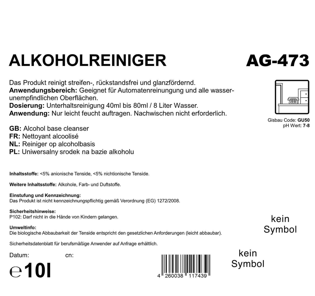 Alkoholreiniger blau, pH-Wert 7-8, 10 Liter