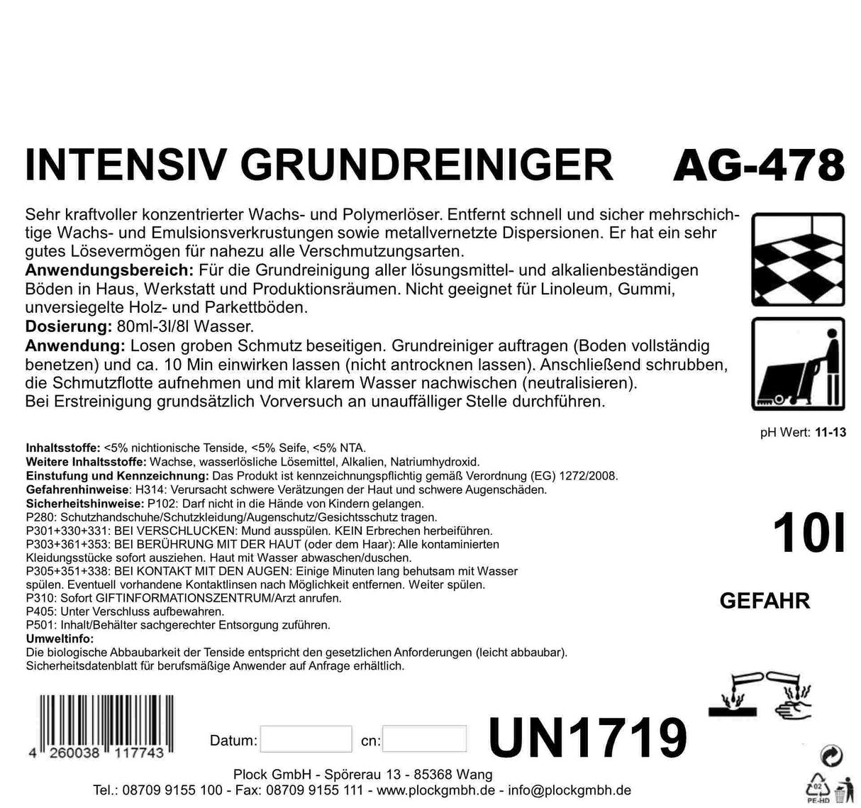 Intensiv Grundreiniger, pH-Wert 14, 10 Liter, Gefahrengut UN1719