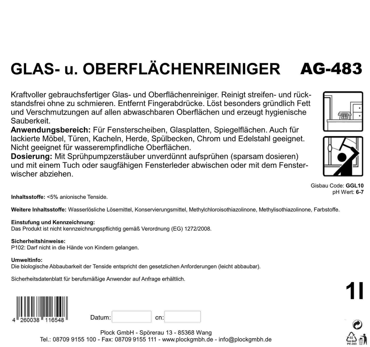 Glas- und Oberflächenreiniger für streifenfreien Glanz, blau, 1 Liter