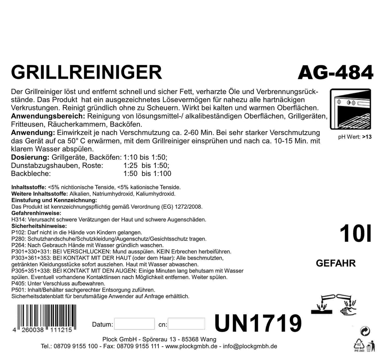 Backofen- und Grillreiniger, pH-Wert 13, 10 Liter