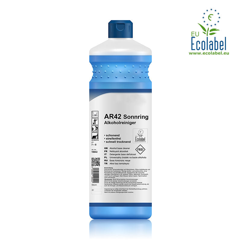 Alkoholreiniger Konzentrat mit Ecolabel (pH 7–8.5) in einer 1-Liter-Flasche. Umweltfreundlicher Reiniger für die streifenfreie und schnelltrocknende Reinigung von Glas, Edelstahl, Kunststoff und weiteren wasserbeständigen Oberflächen.