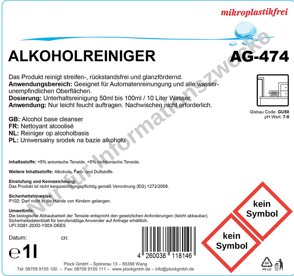 Etikett des Puricura Alkoholreinigers pH 7–8, 1 Liter