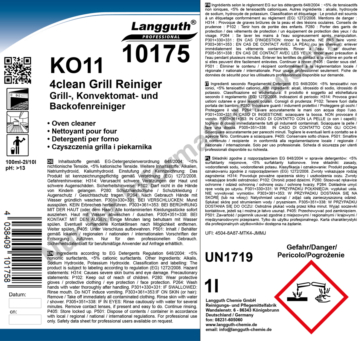 Backofen- und Grillreiniger, Konzentrat, pH-Wert 13, 1 Liter