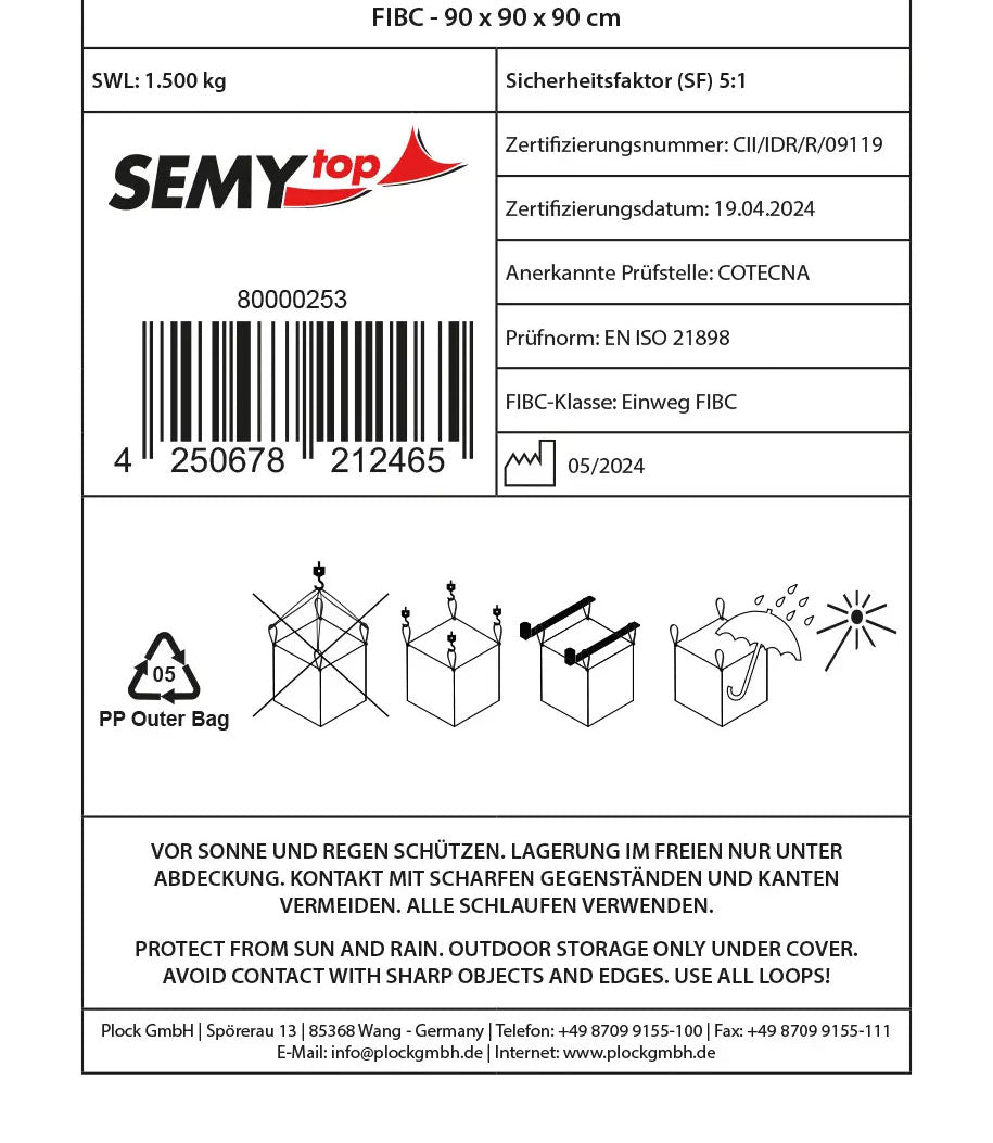 Produktetikett des PP-Big Bags 90 × 90 × 90 cm mit Tragkraft 1500 kg und Sicherheitsfaktor 5:1, inklusive Zertifizierungs- und Anwendungshinweisen.