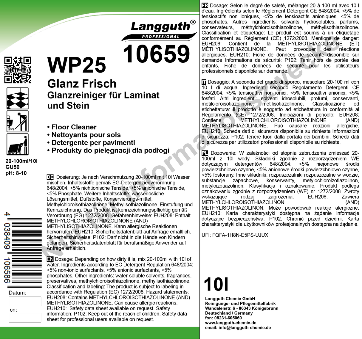 Bodenreiniger Konzentrat für Laminat & Stein, pH 8–10, Streifenfrei & Glanz, 10 Liter