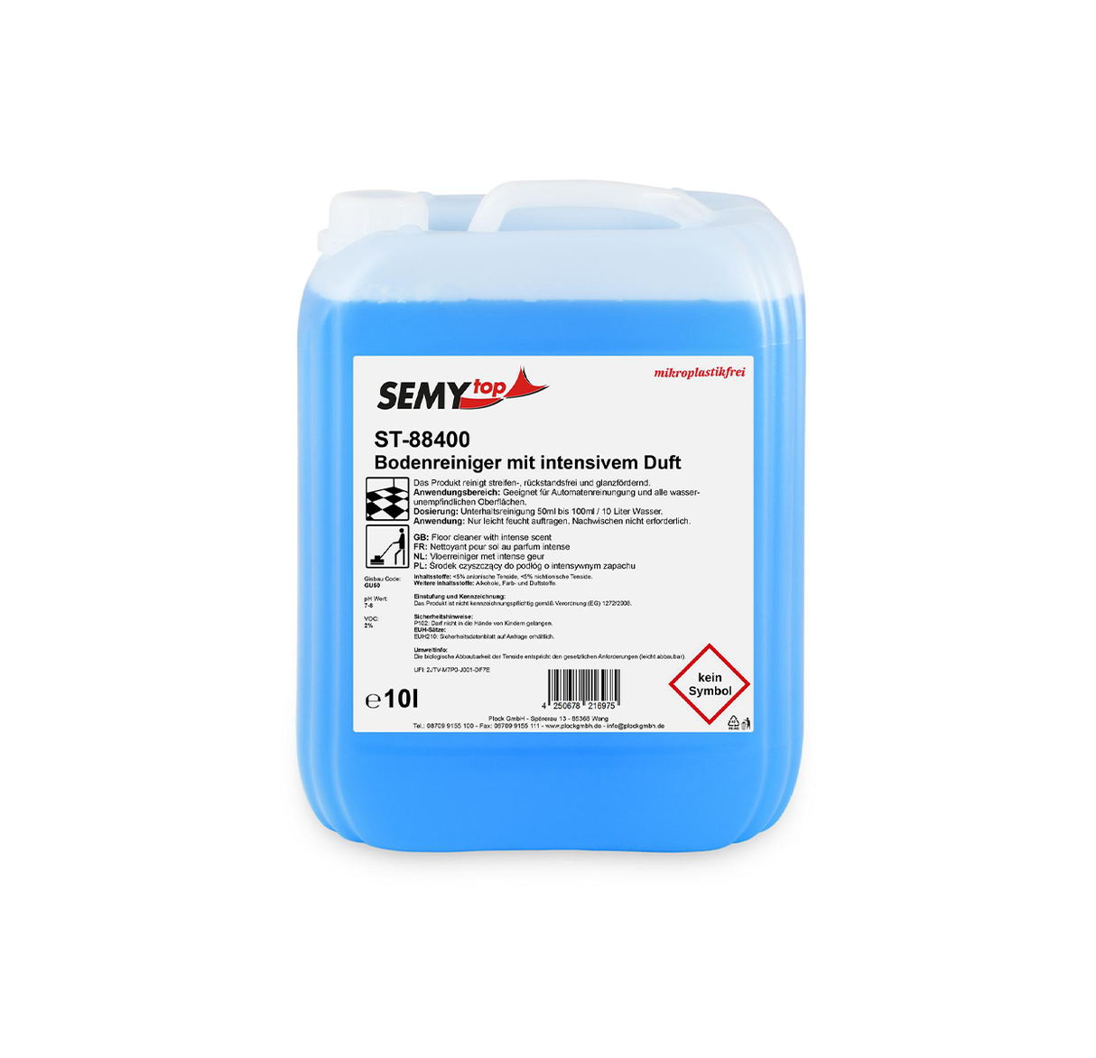 10-Liter-Kanister blauer Bodenreiniger ST-88400 mit Etikett, geeignet für gewerbliche Reinigung und Automaten.