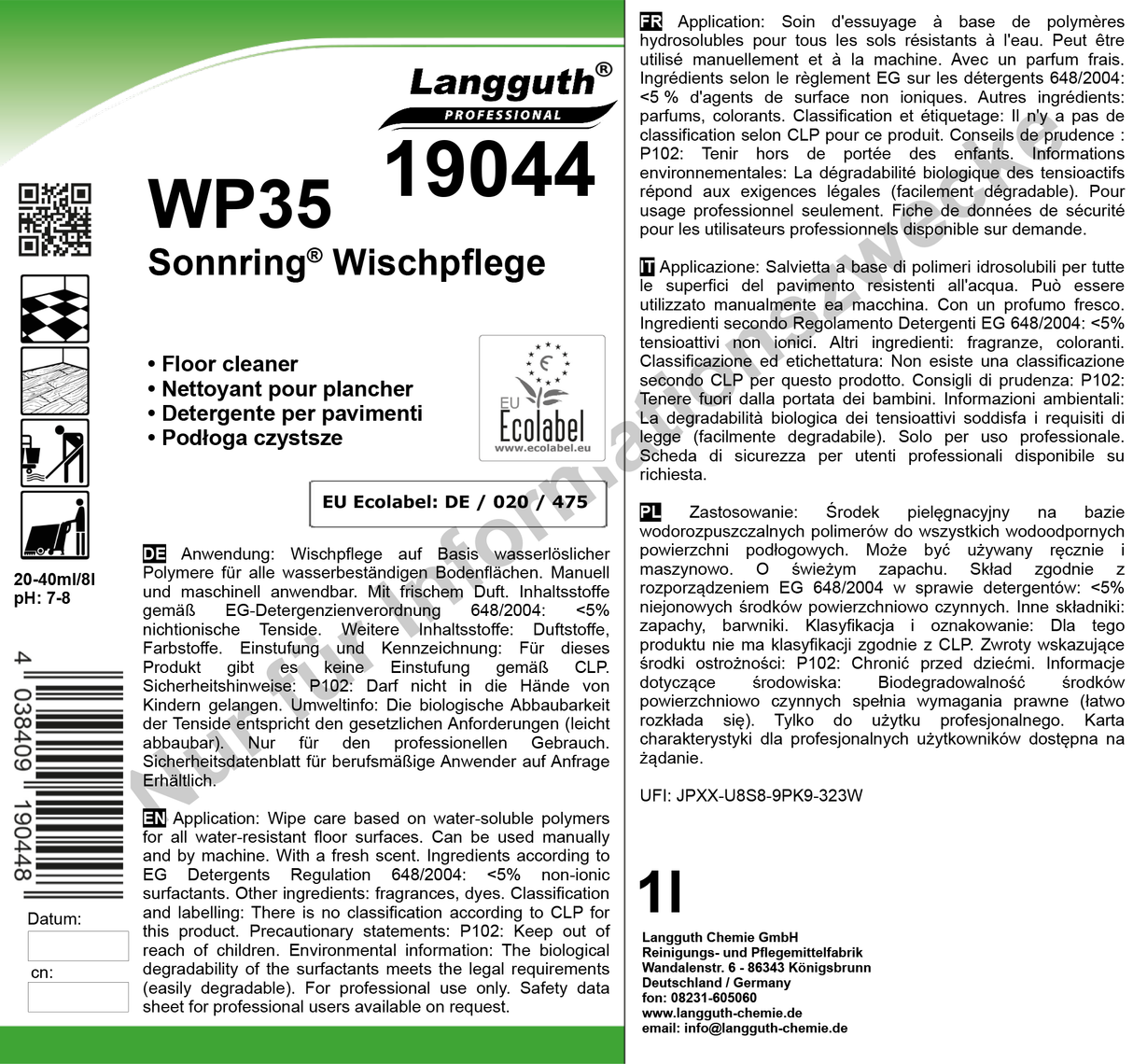 Bodenreiniger Konzentrat mit Ecolabel, pH 7–8, Reinigt, pflegt & schützt Böden, 1 Liter