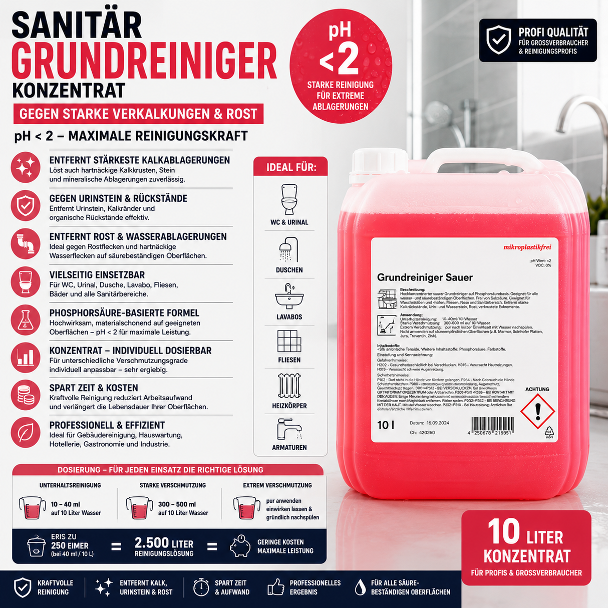 Sanitärgrundreiniger, für starke Verkalkungen und Rost, mit Phosphorsäure, pH < 2, 10 Liter