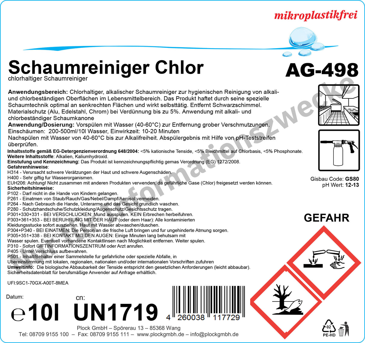 Schaumreiniger Chlor, pH-Wert 13, 10 Liter