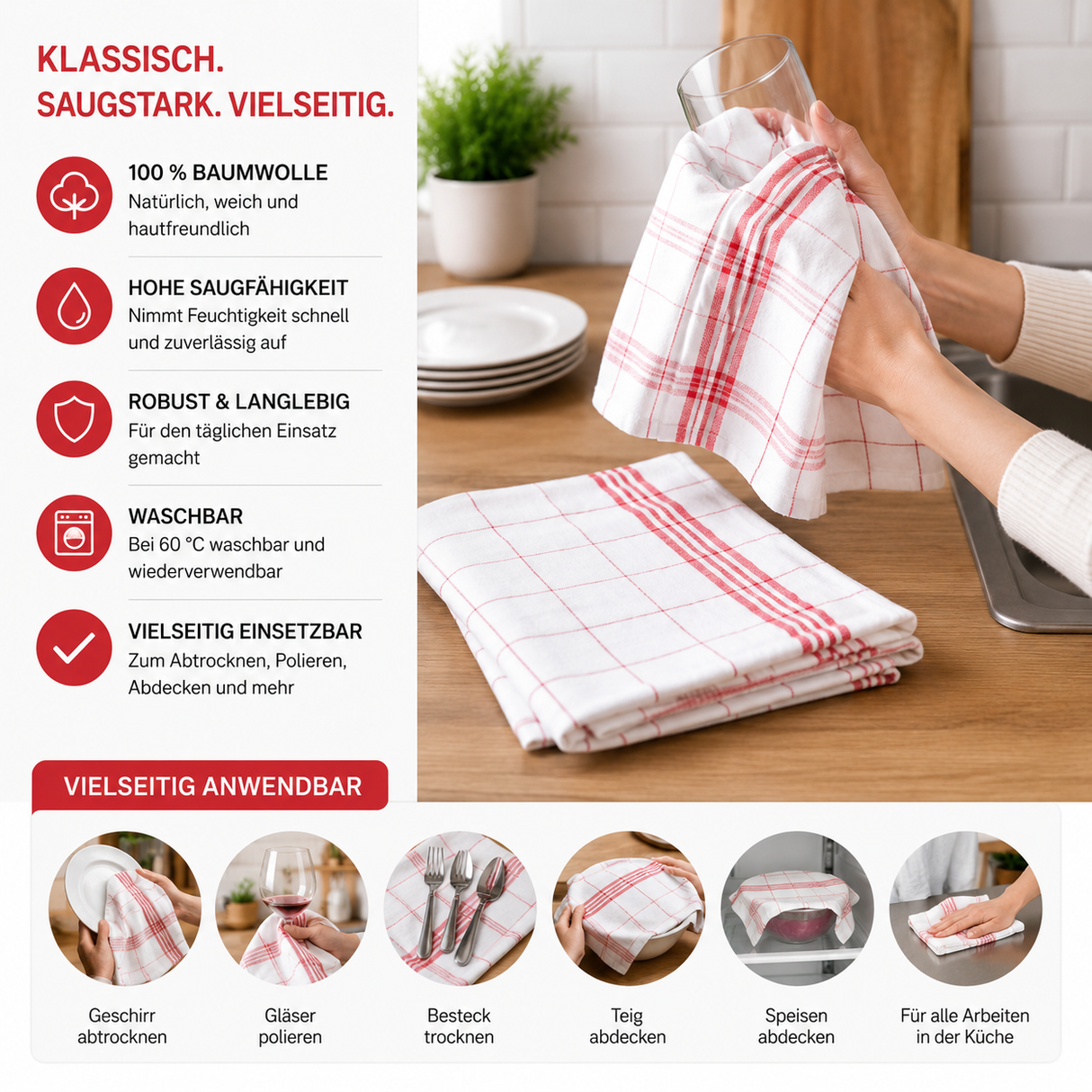Auf dem Bild sieht man, wie das Geschirrtuch zum reinigen eines Glasweines gebraucht wird. Nebenan stehen Produktovrteile.
