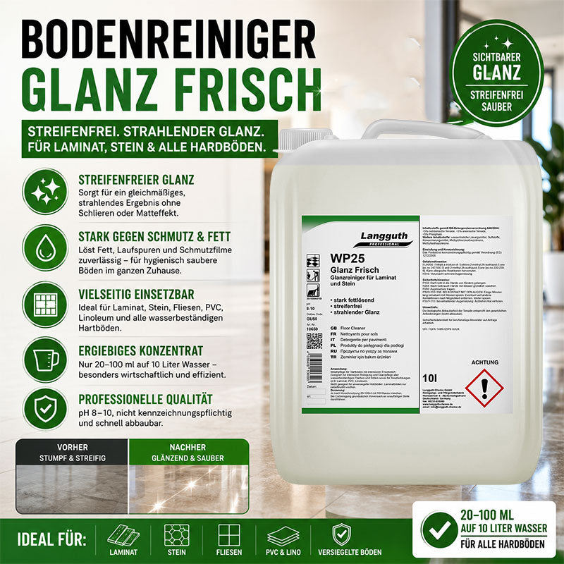 Bodenreiniger Konzentrat für Laminat & Stein, pH 8–10, Streifenfrei & Glanz, 10 Liter