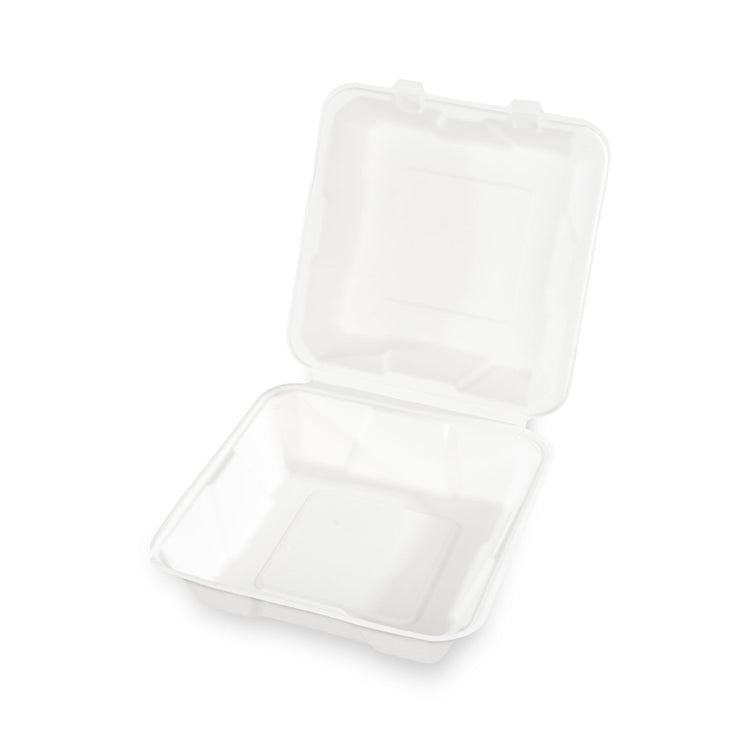 Eine Menüklappbox aus Zuckerrohr geöffnet.