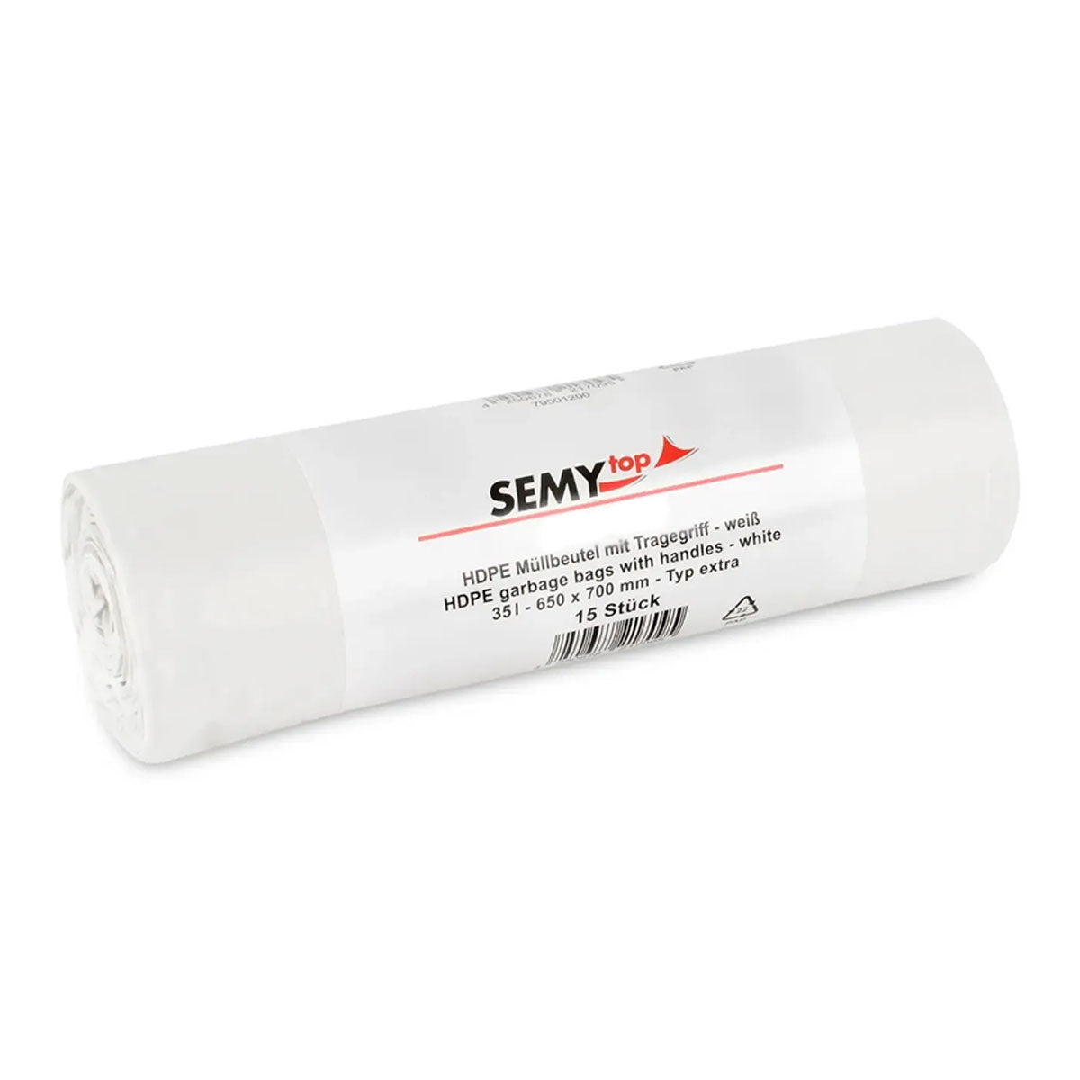 Müllbeutel HDPE, mit Tragegriff, weiß, Rolle mit 15 Sack