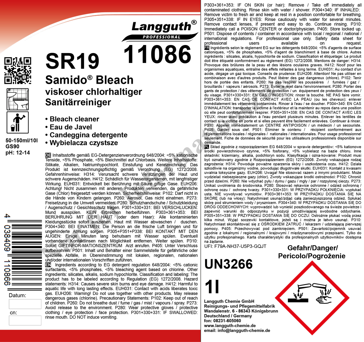 Sanitärreiniger Anti-Schimmel Gel, pH 12.5–13, Mit Aktivchlor, 1 Liter