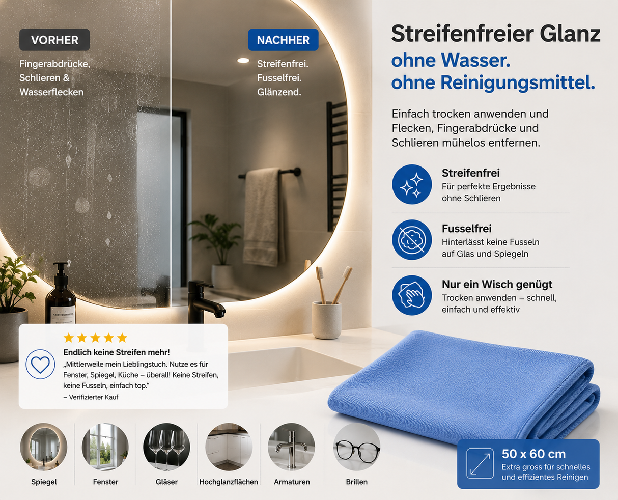 Man sieht ein Bild mit einem Spiegel. Links vorher mit Flecken, rechts nachher glänzend und klar. Das Tuch wird beschrieben.