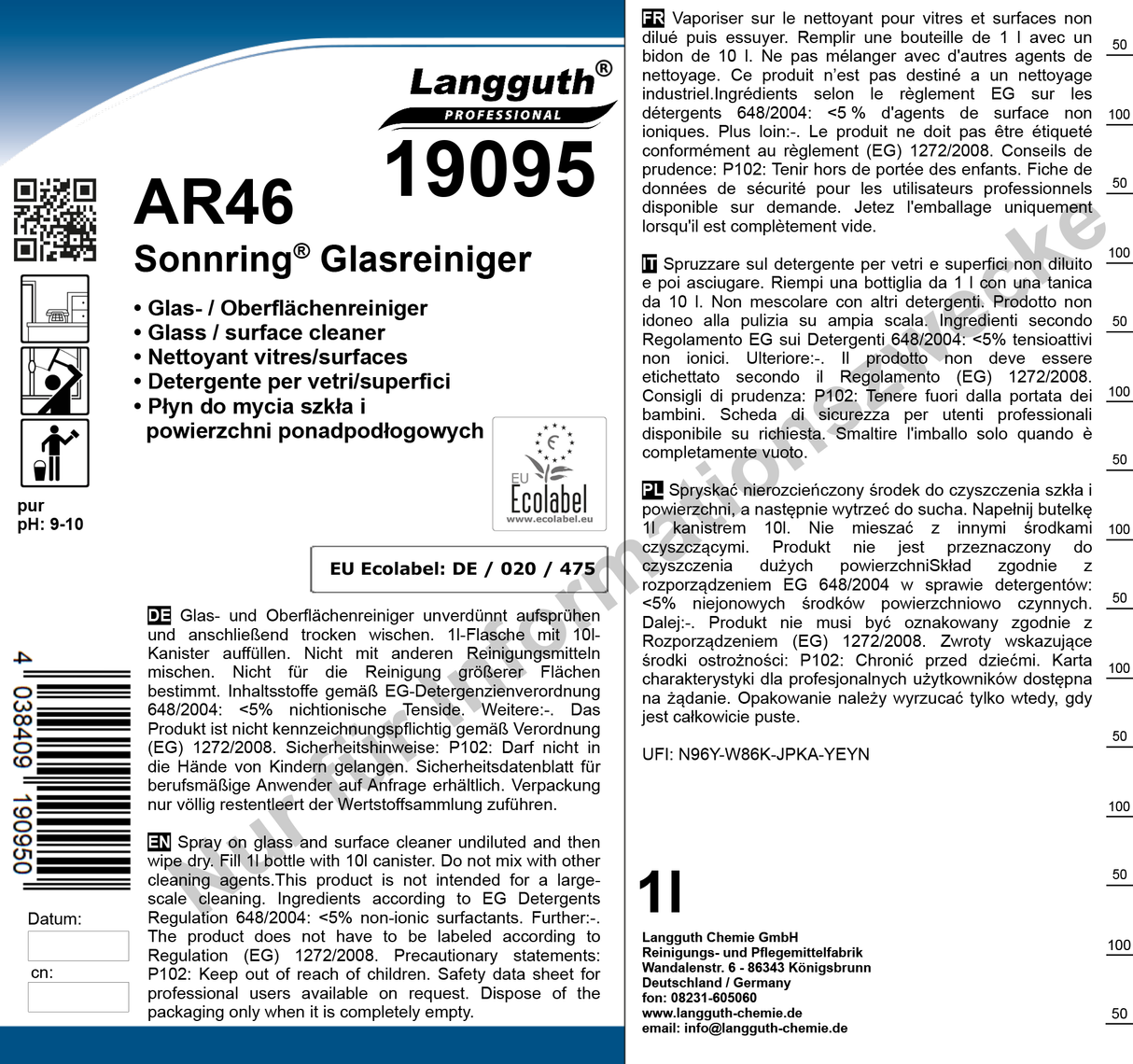 Glas- & Oberflächenreiniger mit Ecolabel, pH 9–10, Anwendungsfertig, 1 Liter