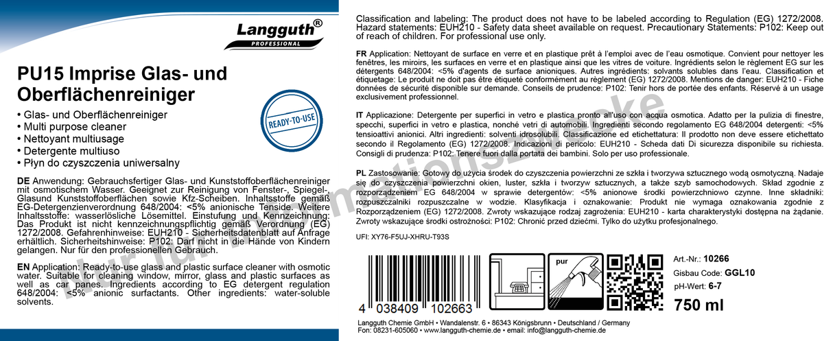 Fensterreiniger mit osmotischem Wasser, pH 6–7, 1 Liter