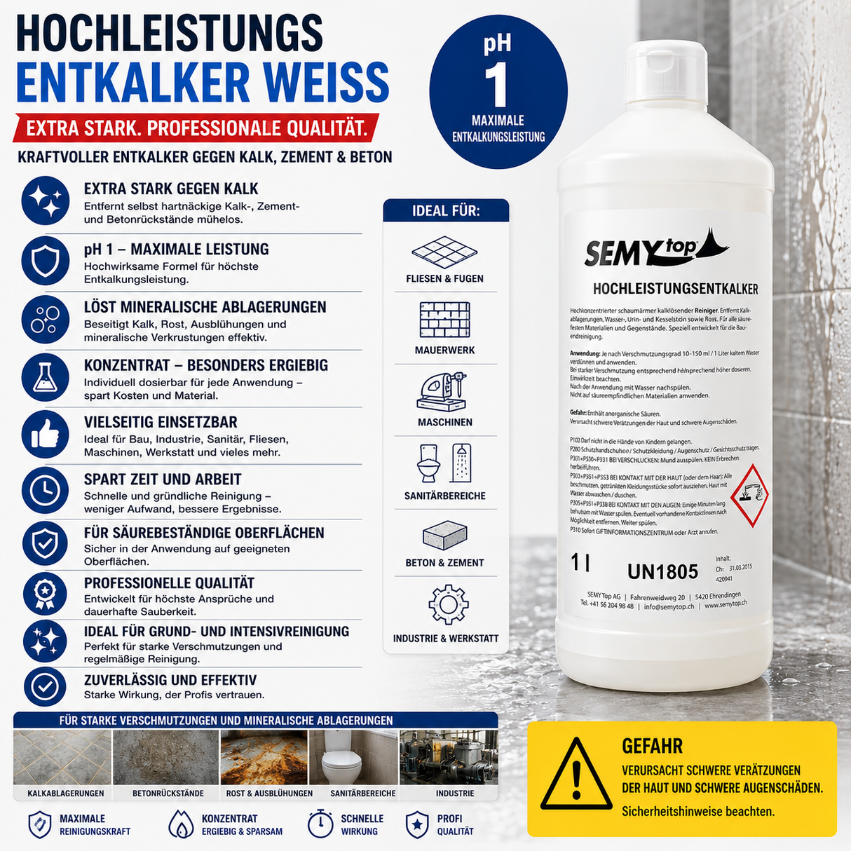 Man sieht den Hochleistungsentkalker mit diversen Anwendungsbeispiele. Es wird beschrieben, welche Vorteile der Reiniger hat.