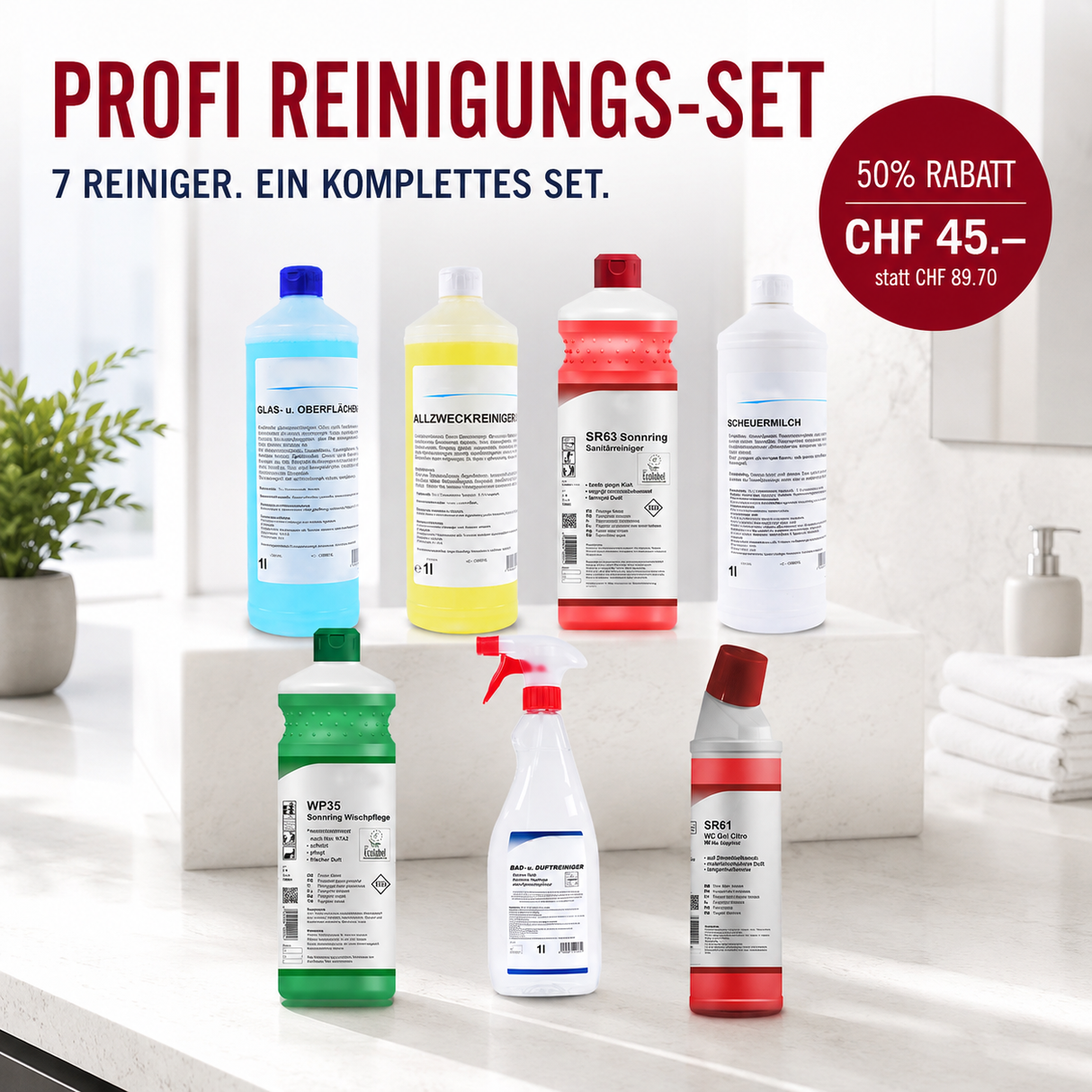 Puricura Profi Reinigungs-Set mit sieben Reinigern für WC, Bad, Küche, Glas, Oberflächen und Böden