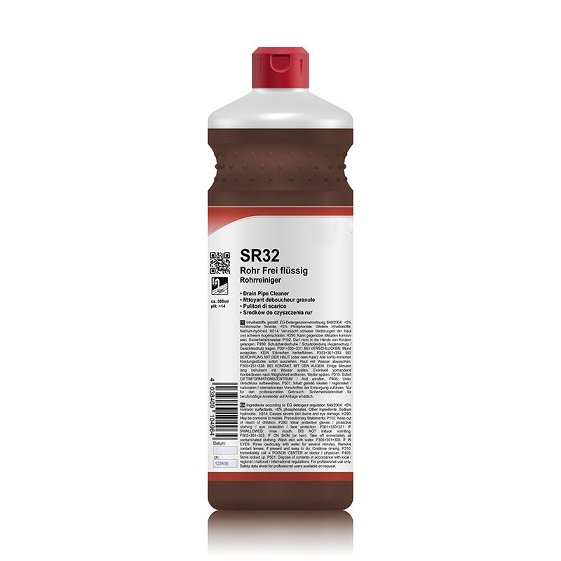 Rohrreiniger Extra Stark (pH >12–<14) in einer 1-Liter-Flasche. Hochalkalischer Profi-Rohrreiniger mit 30–50 % Natriumhydroxid zur schnellen Beseitigung von Verstopfungen durch Haare, Fett und organische Ablagerungen in Bad und Küche.