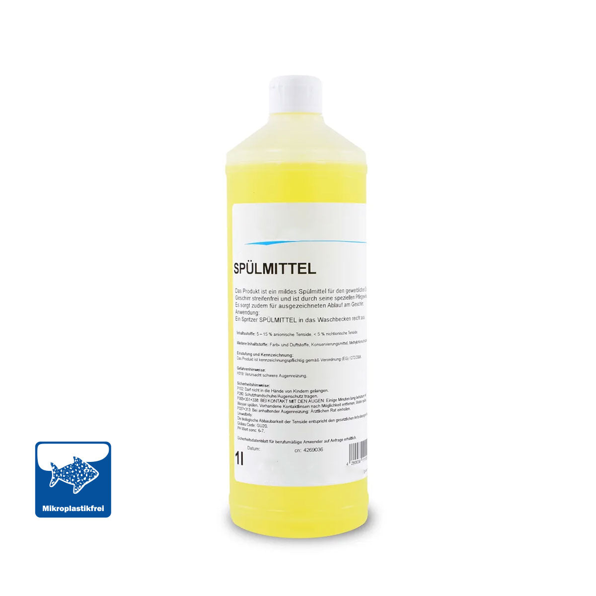 1-Liter-Flasche Spülmittel für die manuelle Reinigung von Geschirr, Gläsern und Besteck – starke Fettlösekraft und streifenfreie Ergebnisse.