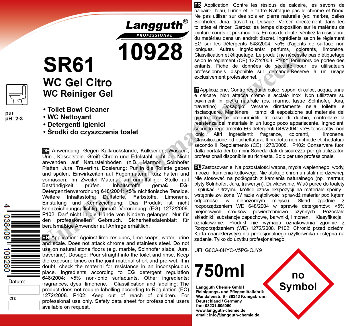 WC Gel Citro, pH >2, Dickflüssiger WC-Reiniger, 750 ml