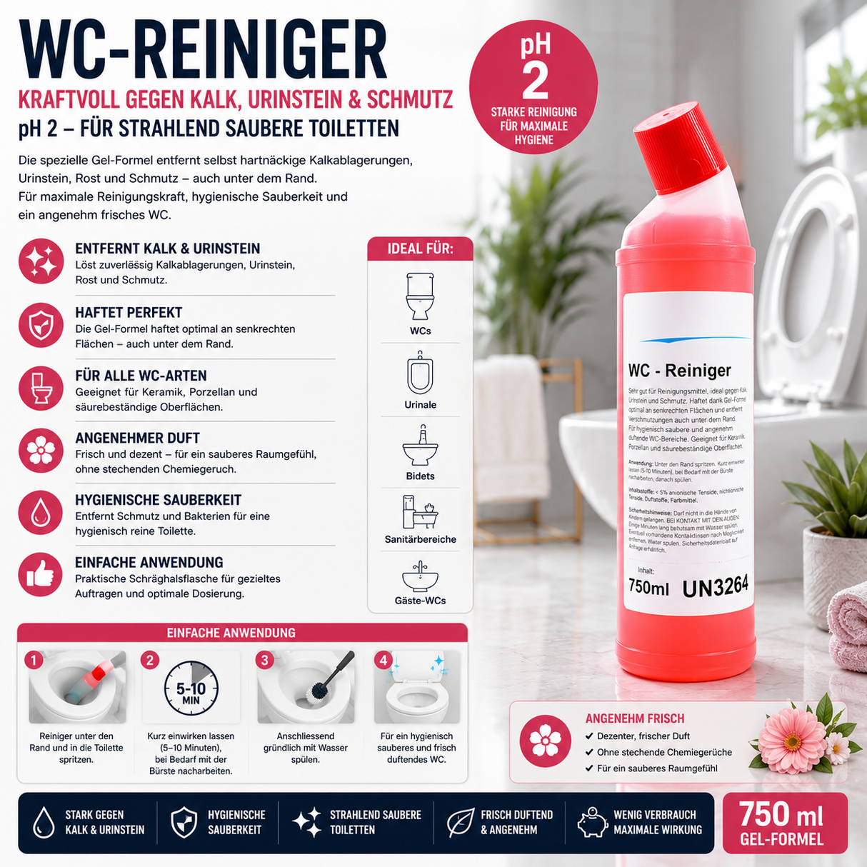 Detergente WC, denso, flacone da 750 ml, pH <2