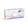 Verpackung der Gentle Skin GRIP Latexhandschuhe, mittlere Größe, puderfrei, in einer blauen und rosafarbenen Box.