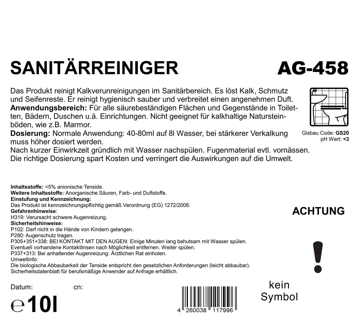 Nettoyant sanitaire, contre le calcaire, rose, PH &lt;2, 10 litres