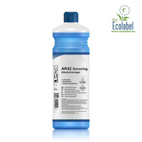 Alkoholreiniger Konzentrat mit Ecolabel (pH 7–8.5) in einer 1-Liter-Flasche. Umweltfreundlicher Reiniger für die streifenfreie und schnelltrocknende Reinigung von Glas, Edelstahl, Kunststoff und weiteren wasserbeständigen Oberflächen.