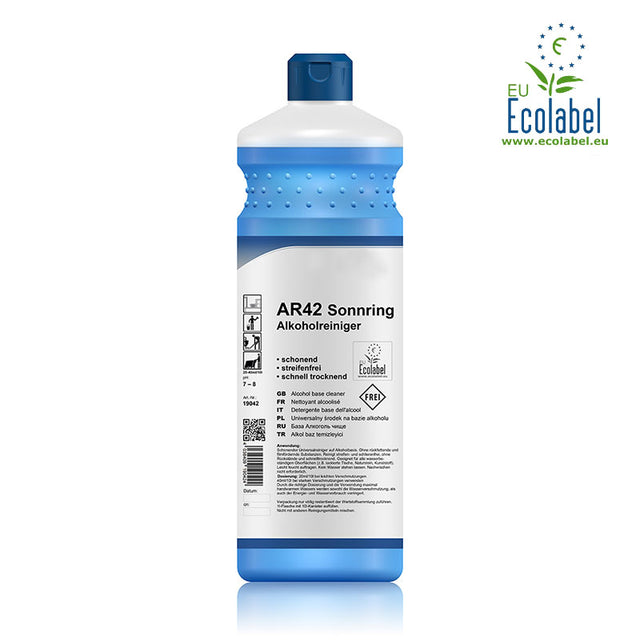 Alkoholreiniger Konzentrat mit Ecolabel (pH 7–8.5) in einer 1-Liter-Flasche. Umweltfreundlicher Reiniger für die streifenfreie und schnelltrocknende Reinigung von Glas, Edelstahl, Kunststoff und weiteren wasserbeständigen Oberflächen.