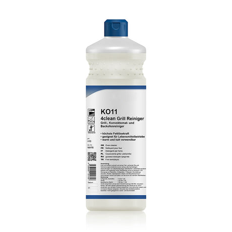 Backofen- & Grillreiniger Konzentrat Extra Stark (pH >13) in einer 1-Liter-Flasche. Hochalkalischer Profi-Reiniger zur Entfernung von eingebranntem Fett, Öl, Eiweissrückständen und starken Verkrustungen auf Backöfen, Grillrosten, Konvektomaten und alkalibeständigen Oberflächen.