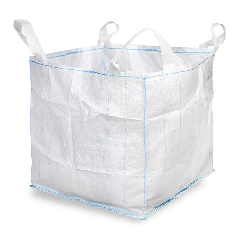 Weisser PP-Big Bag mit vier Hebeschlaufen, 90 × 90 × 90 cm, belastbar bis 1000 kg