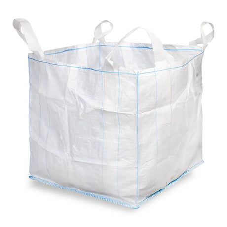 Weiss­er PP-Big Bag mit vier Hebeschlaufen, 90 × 90 × 90 cm, belastbar bis 1000 kg