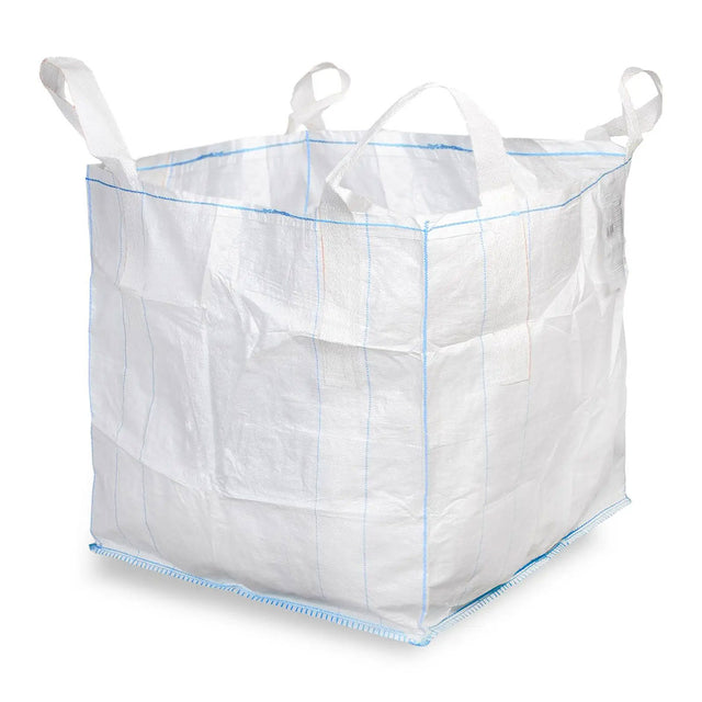 Weiss­er PP-Big Bag mit vier Hebeschlaufen, 90 × 90 × 90 cm, belastbar bis 1000 kg