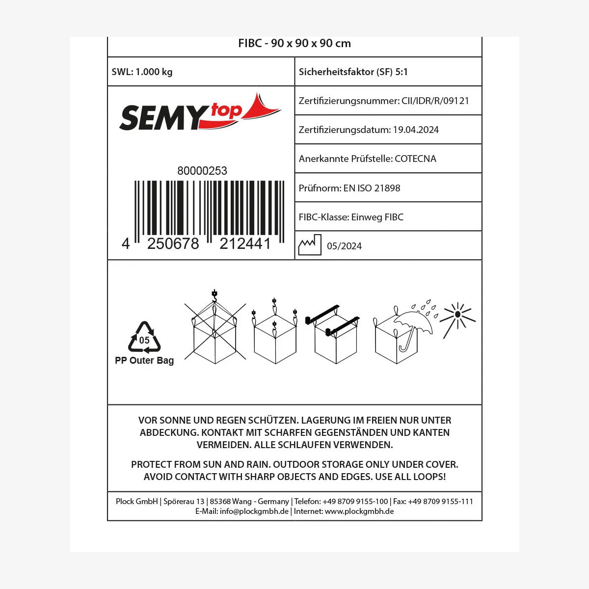 Produktetikett des PP-Big Bags 90 × 90 × 90 cm mit Zertifizierungsangaben und Sicherheitsfaktor 5:1