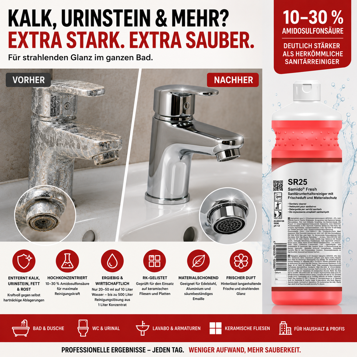 Man sieht ein vorher/nachher Bild mit verkalktem Wasserhahnen, der dann durch den Reiniger glänzend neu ausschaut. Ebenfalls werden die Vorteile aufgeführt. 