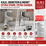 Man sieht ein vorher/nachher Bild mit verkalktem Wasserhahnen, der dann durch den Reiniger glänzend neu ausschaut. Ebenfalls werden die Vorteile aufgeführt. 