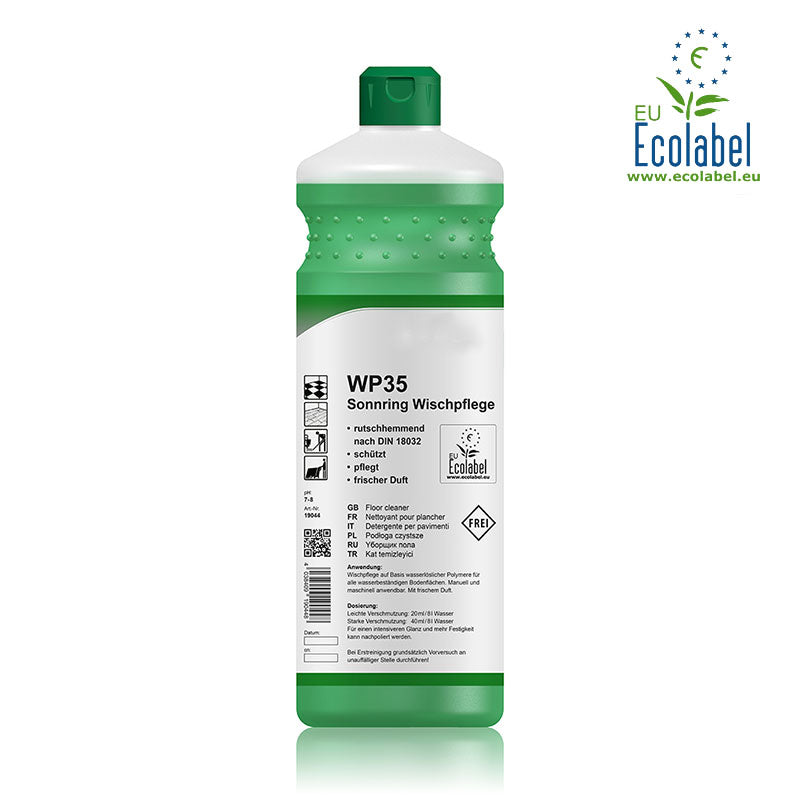 Wischpflege Konzentrat mit Ecolabel (pH 7–8) in einer 1-Liter-Flasche. Umweltfreundliche Bodenpflege zum Reinigen, Pflegen und Schützen wasserbeständiger Bodenbeläge mit rutschhemmender Wirkung und dezentem Glanz.