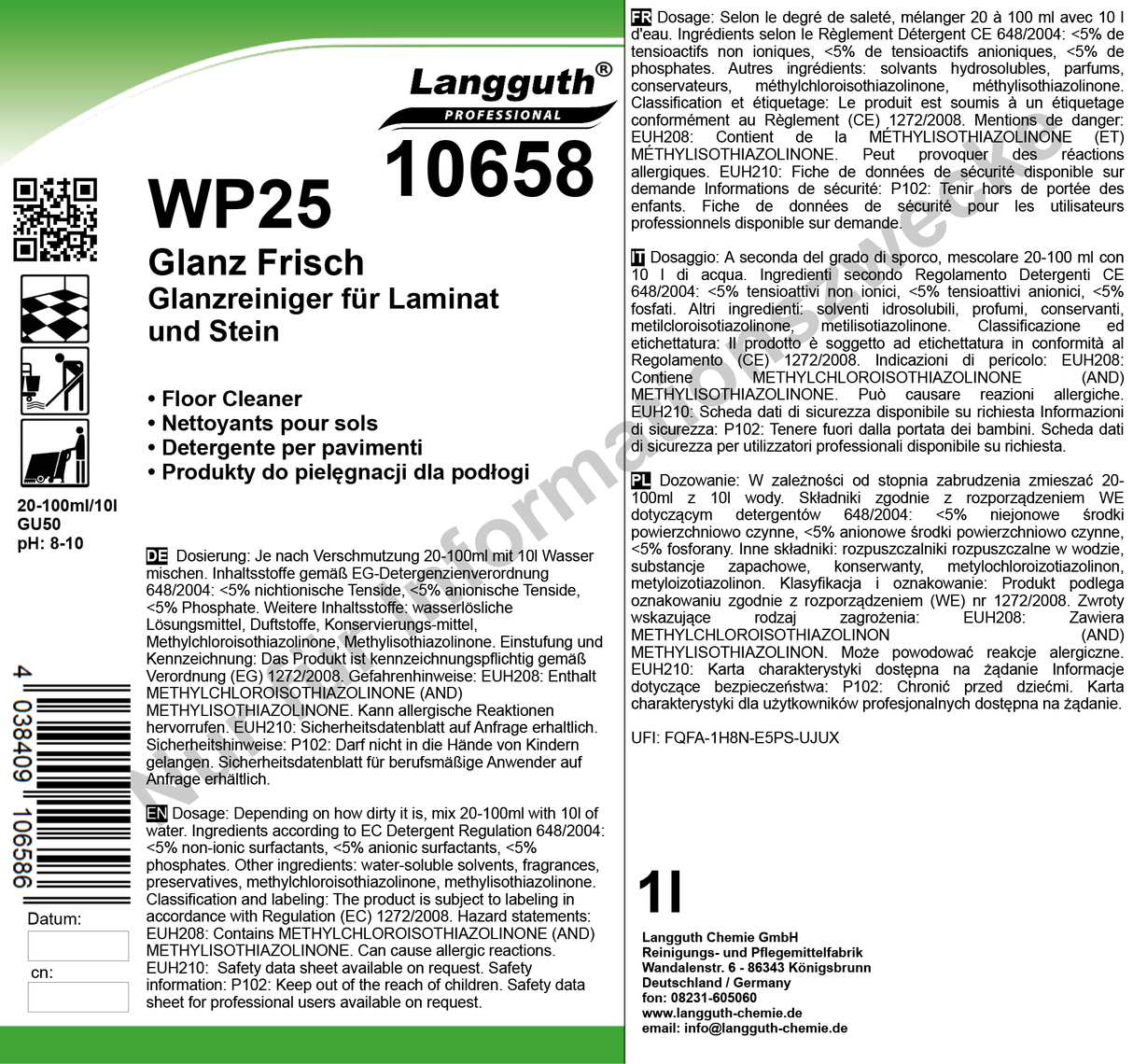 Bodenreiniger Konzentrat für Laminat & Stein, pH 8–10, Streifenfrei & Glanz, 1 Liter
