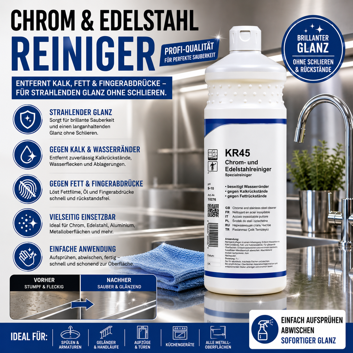 Chrom- & Edelstahlreiniger, pH 9–10, Entfernt Kalk, Fett & Fingerabdrücke, 1 Liter
