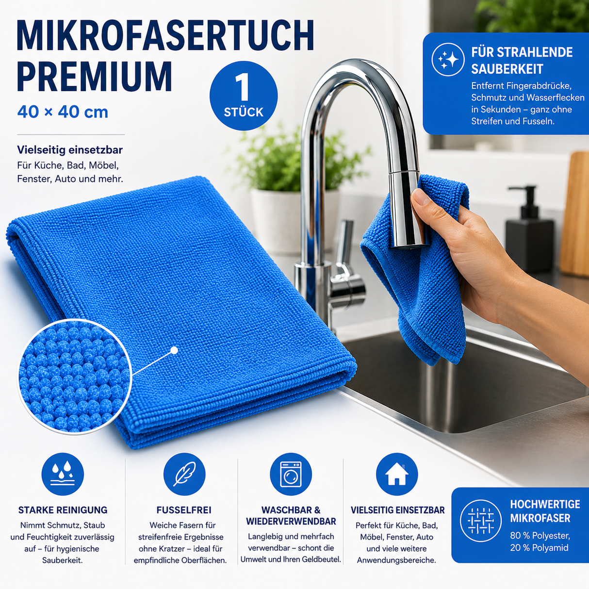 Mikrofasertuch Premium Blau, 40 × 40 cm, 1 Stück