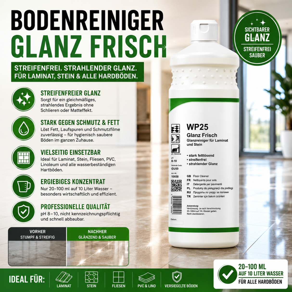 Bodenreiniger Konzentrat für Laminat & Stein, pH 8–10, Streifenfrei & Glanz, 1 Liter