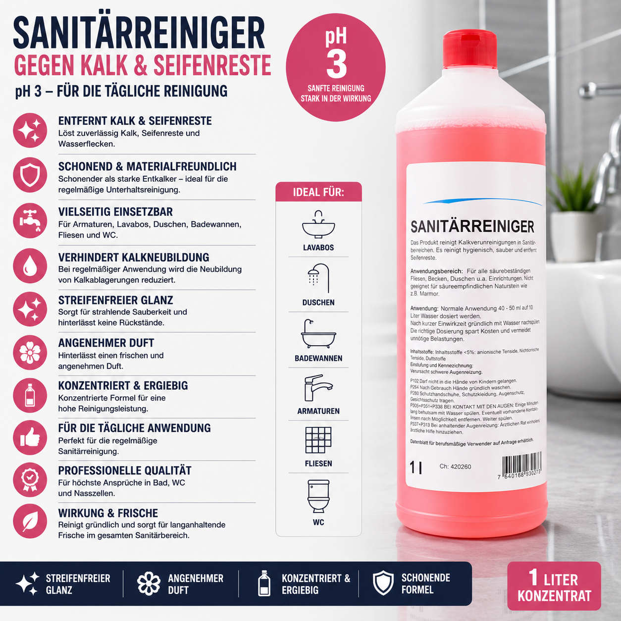 Sanitärreiniger, gegen Kalkverunreinigungen, Konzentrat, PH <2, 1 Liter
