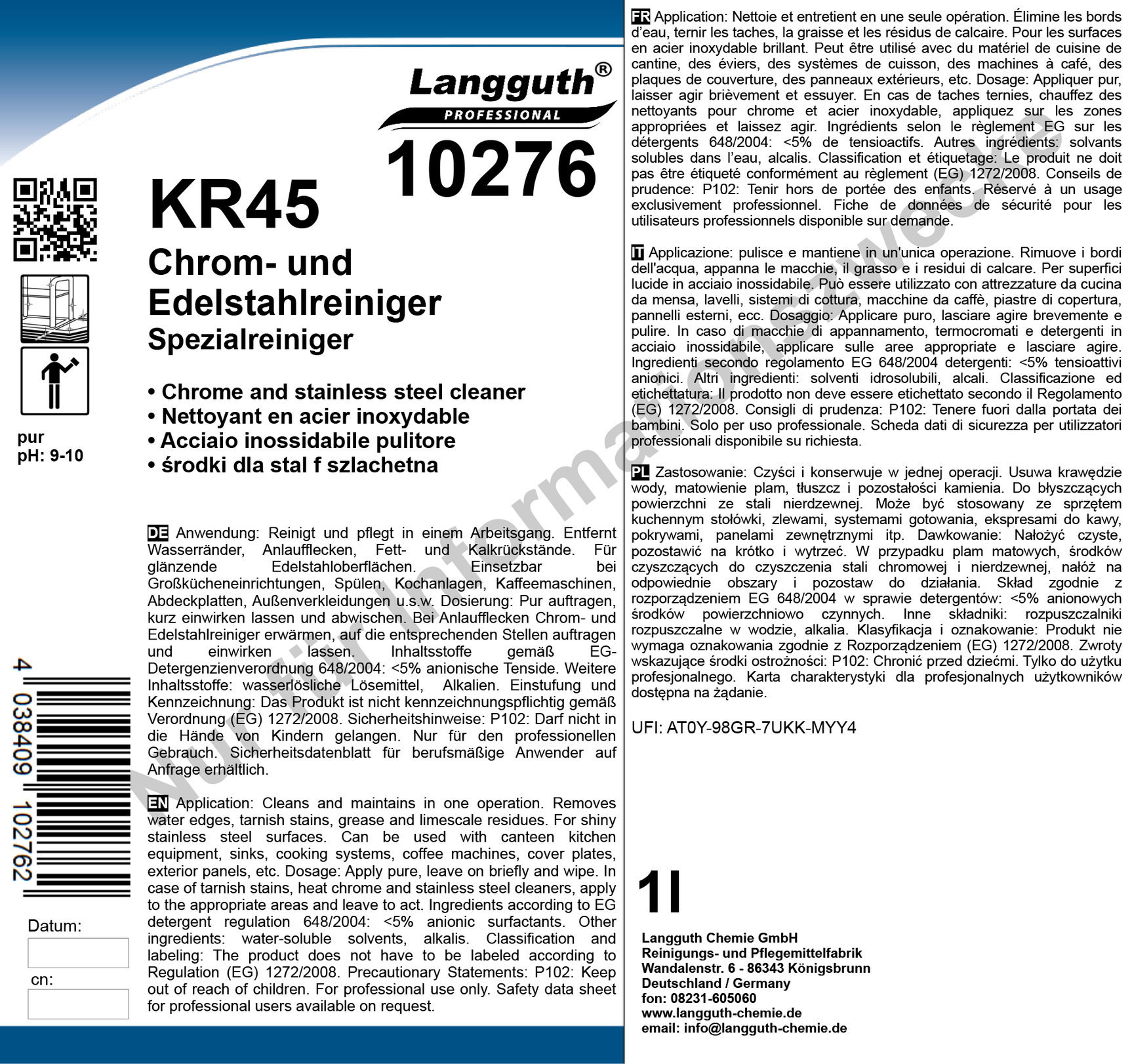 Chrom- & Edelstahlreiniger, pH 9-10, 1 L