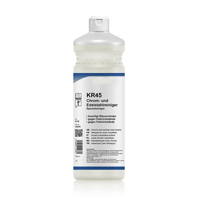 Chrom- & Edelstahlreiniger (pH 9–10) in einer 1-Liter-Flasche. Spezialreiniger für Chrom, Edelstahl und Aluminium zur streifenfreien Entfernung von Kalkrändern, Wasserflecken, Fettfilmen und Fingerabdrücken auf Metalloberflächen.