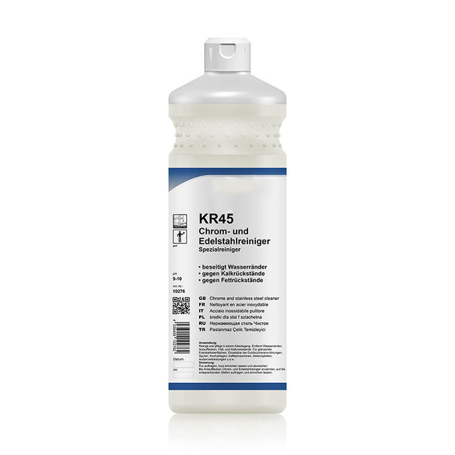 Chrom- & Edelstahlreiniger (pH 9–10) in einer 1-Liter-Flasche. Spezialreiniger für Chrom, Edelstahl und Aluminium zur streifenfreien Entfernung von Kalkrändern, Wasserflecken, Fettfilmen und Fingerabdrücken auf Metalloberflächen.