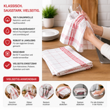 Auf dem Bild sieht man, wie das Geschirrtuch zum reinigen eines Glasweines gebraucht wird. Nebenan stehen Produktovrteile.