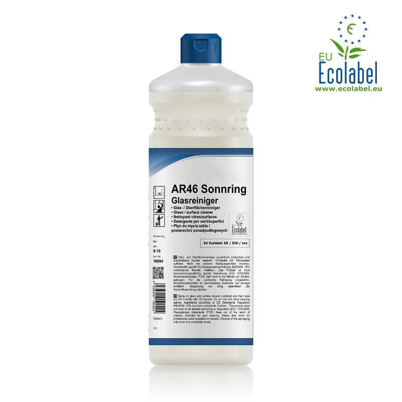 Glas- & Oberflächenreiniger mit Ecolabel in einer 1-Liter-Flasche. Umweltfreundlicher, anwendungsfertiger Reiniger mit pH 9–10 für streifenfreie Reinigung von Fenstern, Spiegeln, Glas und weiteren wasserbeständigen Oberflächen.